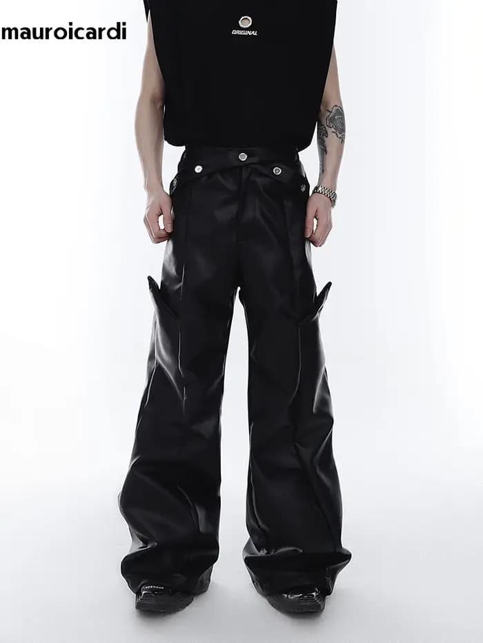 Mauroicardi printemps automne longue ample décontracté marron noir Pu cuir pantalon hommes de luxe v