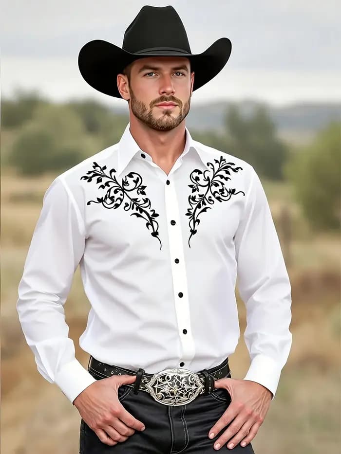 2025 Chemise de cowboy occidentale noire à manches longues pour hommes à motif tribal tenue d'événement occidental chemi