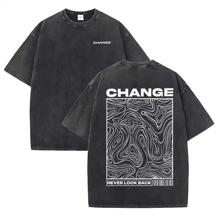 T-shirt minimaliste imprimé « CHANGE Never Look Back » noir délavé style streetwear