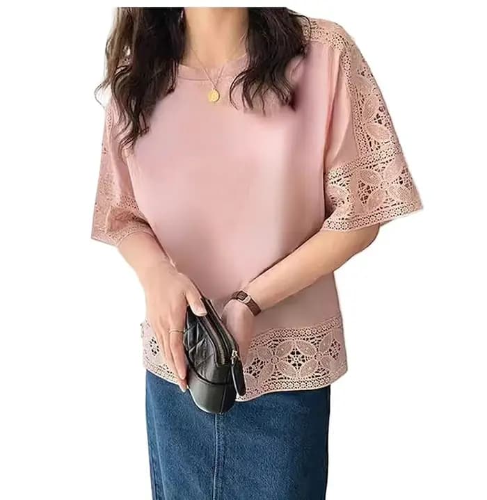 T-shirt amissié en dentelle pour femme, vêtement d'aviation, patchwork