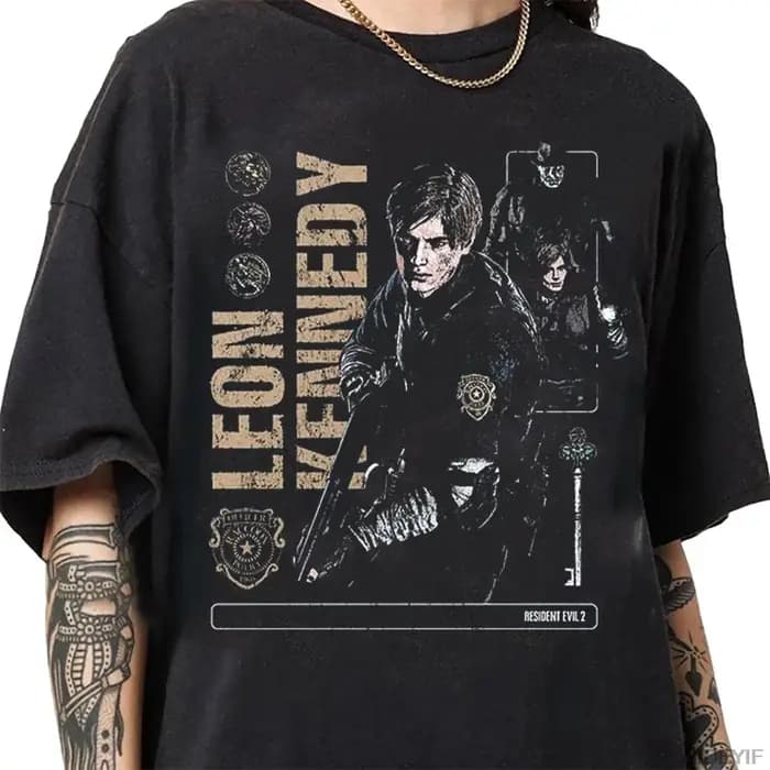 T-shirt en coton surdimensionné délavé à l'acide Resident Evil 2 Leon Claire RPD Station