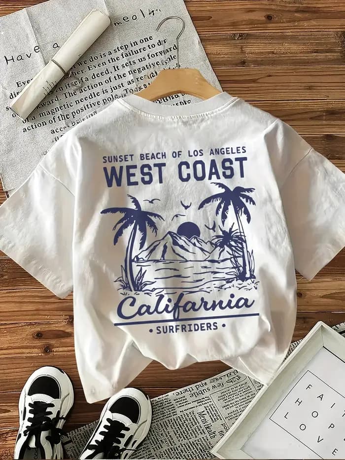 Côte ouest impression graphique avec palmiers t-shirt à manches courtes femmes