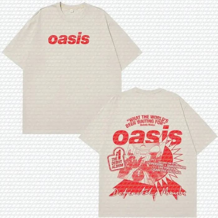 T-shirt blanc double face Oasis Definitely Maybe Album, en coton décontracté, pour groupe de rock