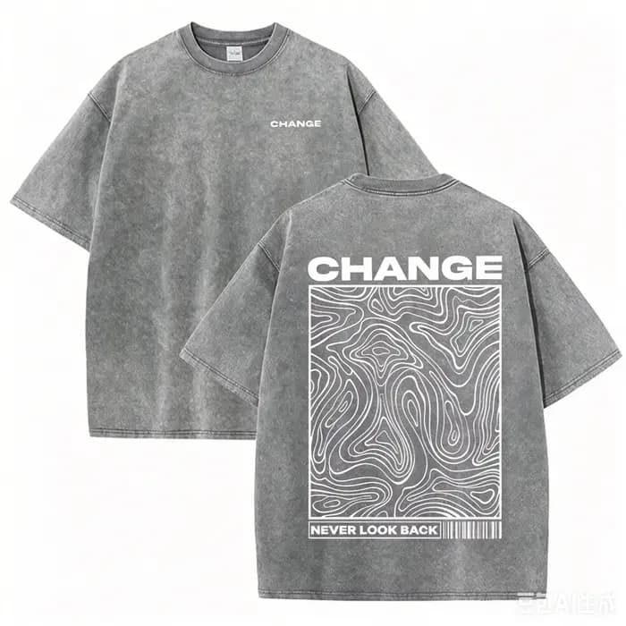 T-shirt minimaliste imprimé « CHANGE Never Look Back » noir délavé style streetwear