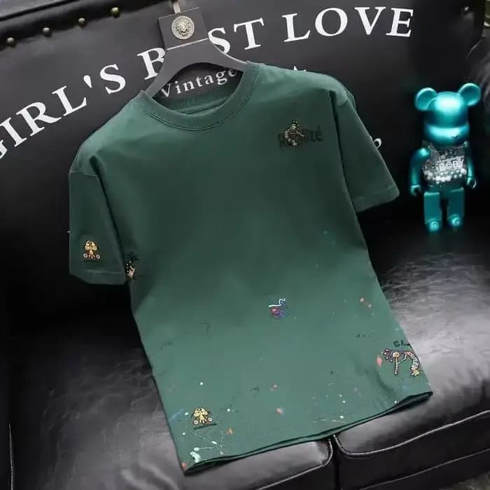 T-shirt brodé à manches courtes pour hommes, chemise à fond, haut polyvalent à col rond, mode coréen