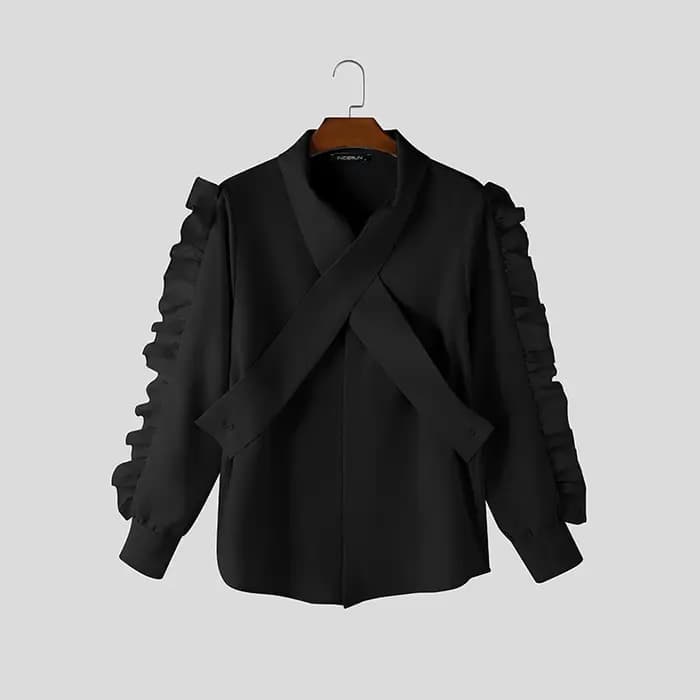 INCERUN hommes chemise couleur unie revers à manches longues à volants décontracté
