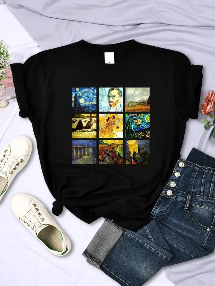 Van Gogh fonctionne Sanskrit imprimé femmes hauts respirant décontracté t-shirts mode été à manches courtes