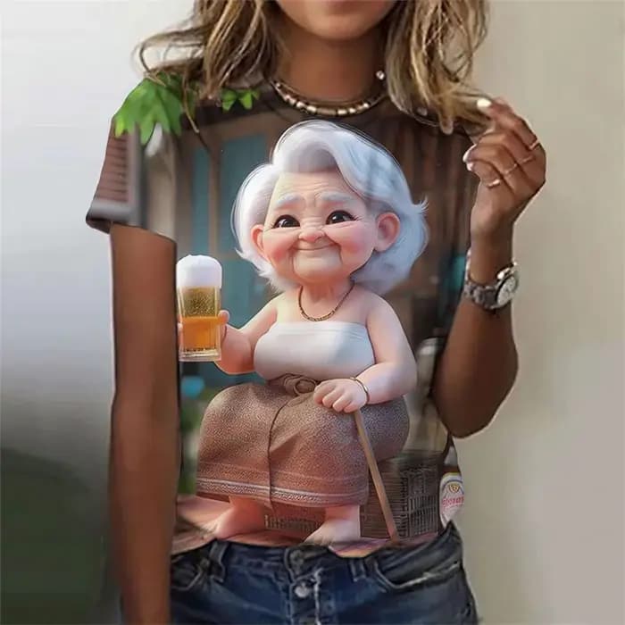 T-Shirt grand-mère de dessin animé imprimé en 3D pour femmes