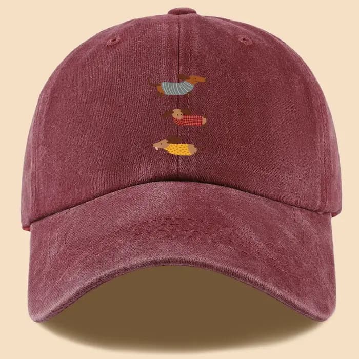 Casquette de baseball avec imprimé amusant de trois teckels en tenues rayées