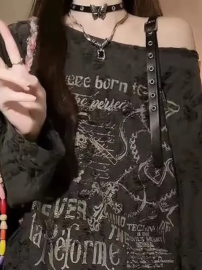 T-shirt vintage Y2K oversize à épaules dénudées avec imprimé, haut déchiré à trous, manches longues,
