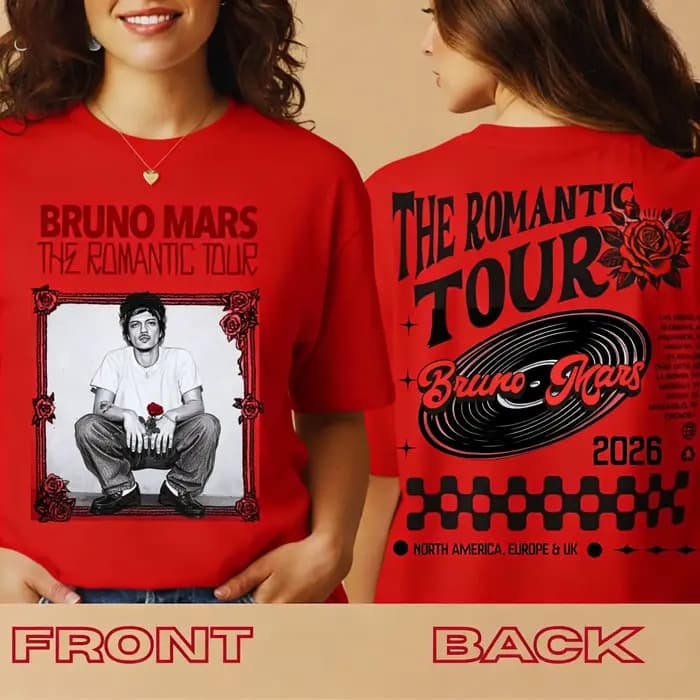 T-shirt de la tournée romantique de Bruno Mars 2026, date de la tournée sur le dos, t-shirt en coton