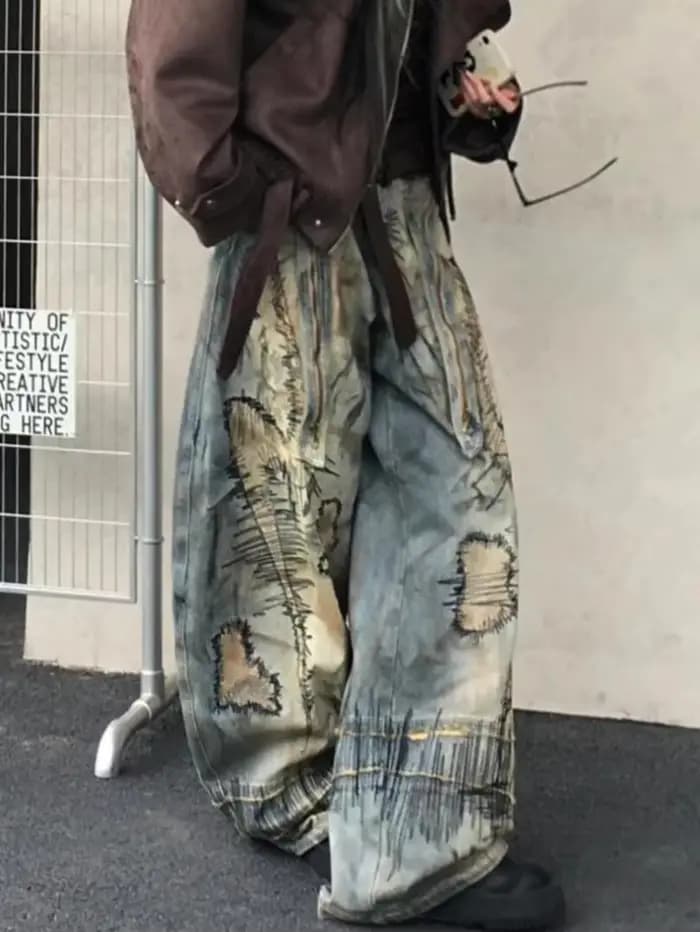Pantalon en Denim brodé de Style American Street Destruction