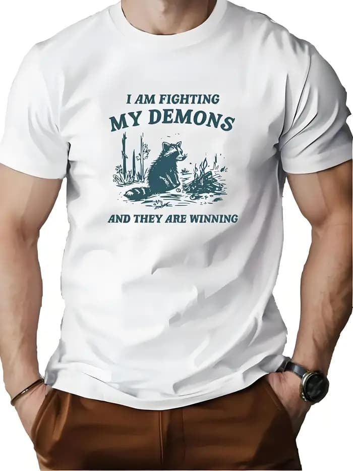 2025 T-Shirt pour hommes "Je combattre mes démons" Humoristique Graphique de raton laveur Respirant Doux Confortable Décontracté Tendance Quotidienne Streetwear