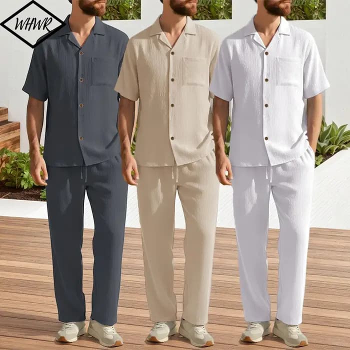 Ensembles décontractés deux pièces pour hommes – Hauts à revers à manches courtes et pantalons longs de couleur unie –