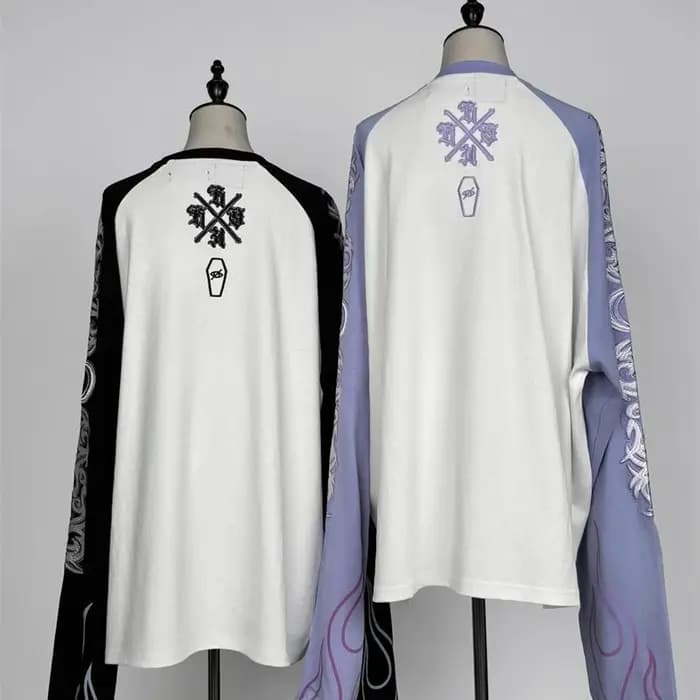 Japonais Harajuku Streetwear co-marqué sous-culture tatouage broderie flamme à manches longues T-Shirt