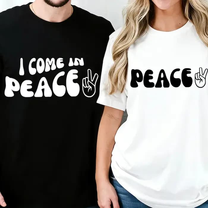 T-shirts de couple imprimés « Peace/I Come in Peace »