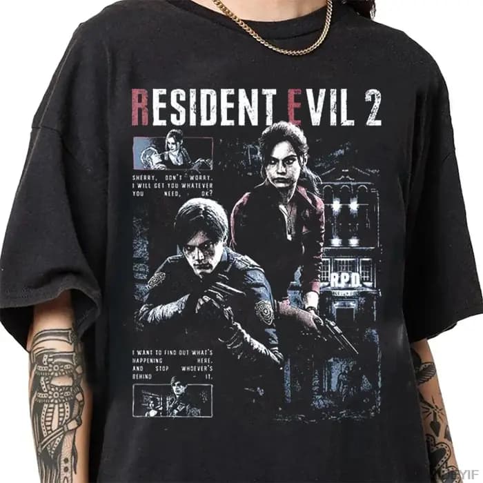 T-shirt en coton surdimensionné délavé à l'acide Resident Evil 2 Leon Claire RPD Station