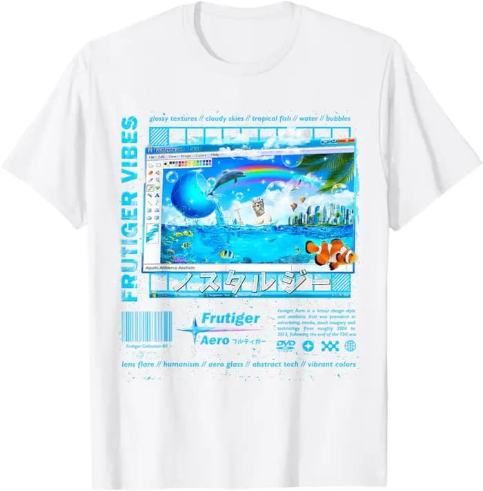 Frutiger Aero Vibes T-Shirt graphique Y2K esthétique fenêtres d'eau imprimé doux à manches courtes T