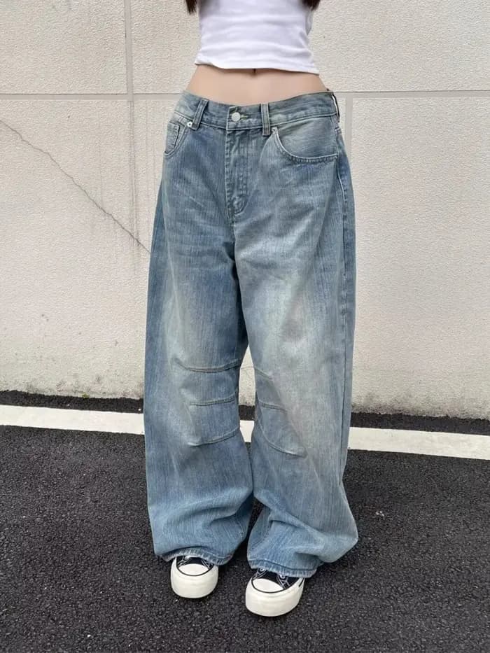 Trashy Y2K 2000S lavé bleu plissé Baggy jean Pantalon pour femmes 90S Vintage vêtements décontracté dame Denim