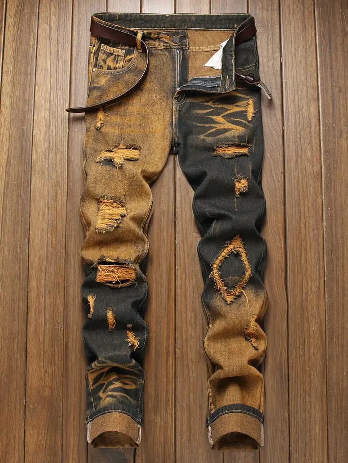 Nouveau jean rétro homme déchiré jambe droite pantalon