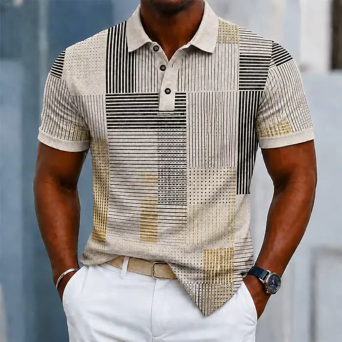 Polo pour homme beige à rayures géométriques
