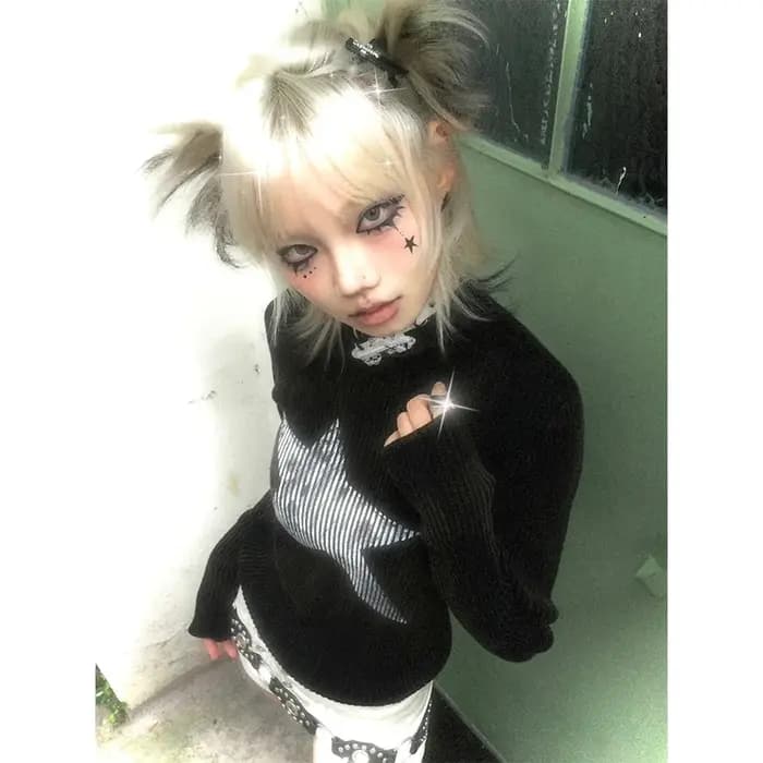 Karrcat Grunge Esthétique Star Print Trashy Y2k T-shirt en tricot à manches longues Vintage gothique tricots américain rétro années 90