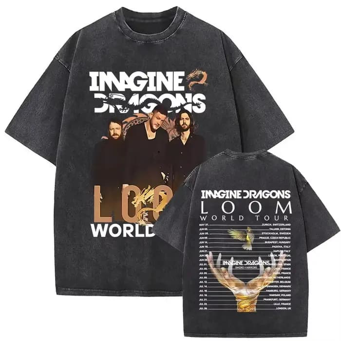 T-shirt vintage délavé Imagine Dragons Loom World Tour 2025 pour hommes et femmes, style gothique, streetwear oversize, tee-shirt graphique décontracté d'été