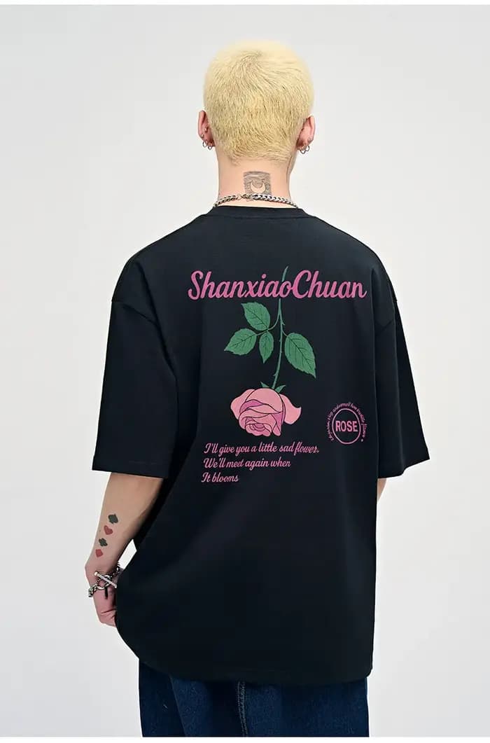 T-shirt rétro à manches courtes avec motif rose et style américain, coupe ample et épaisse pour hommes et femmes, tee-shirt d'été pour couple