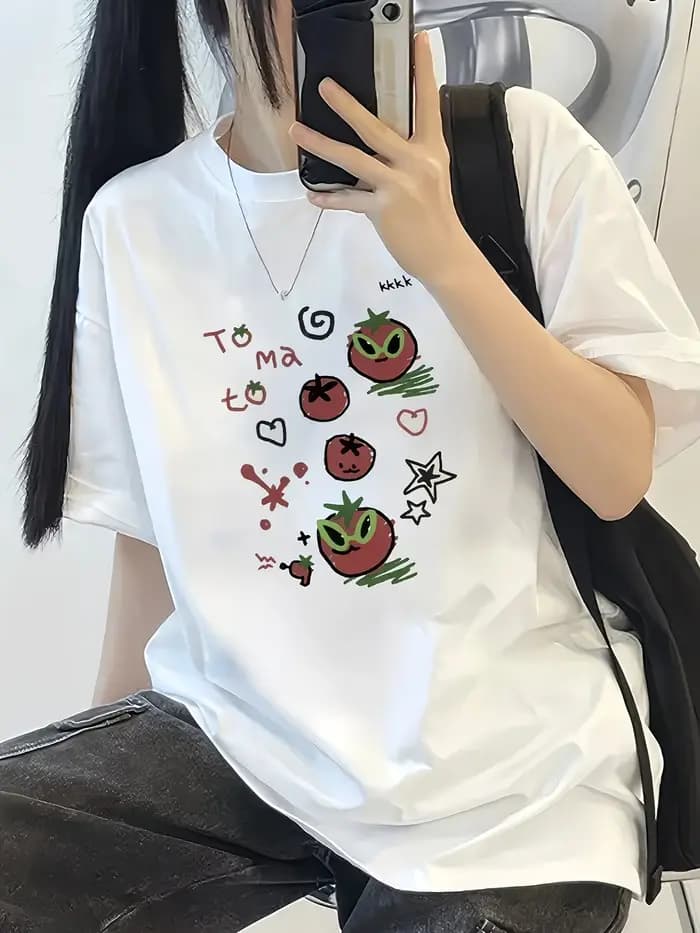 T-shirt graphique tomate pour femmes et hommes, manches courtes, imprimé dessin animé, coupe ample,
