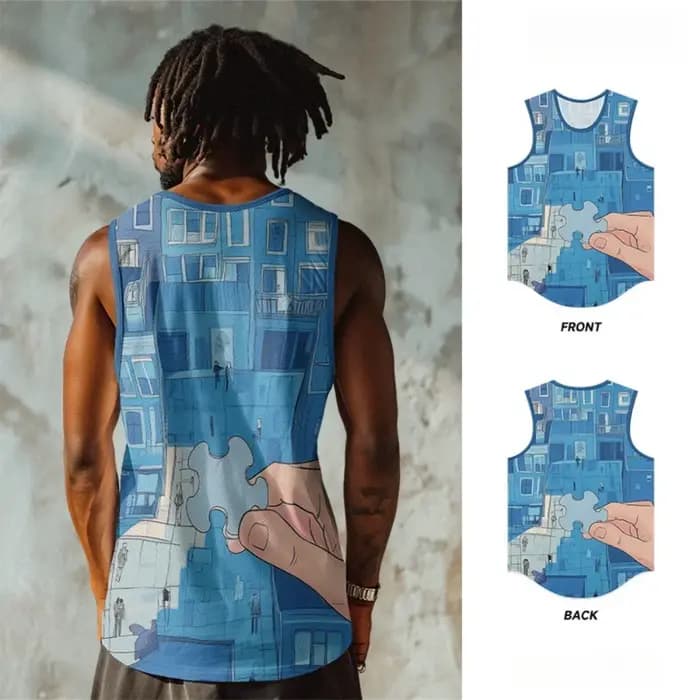 Hommes gilets tranquille bleu paysage urbain débardeur respirant été maillots de bain ample à la mode rue