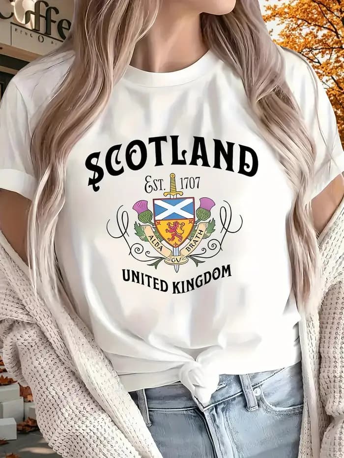 T-shirt graphique Scotland 1707 United Kingdom pour femmes, haut pur à manches courtes, décontracté