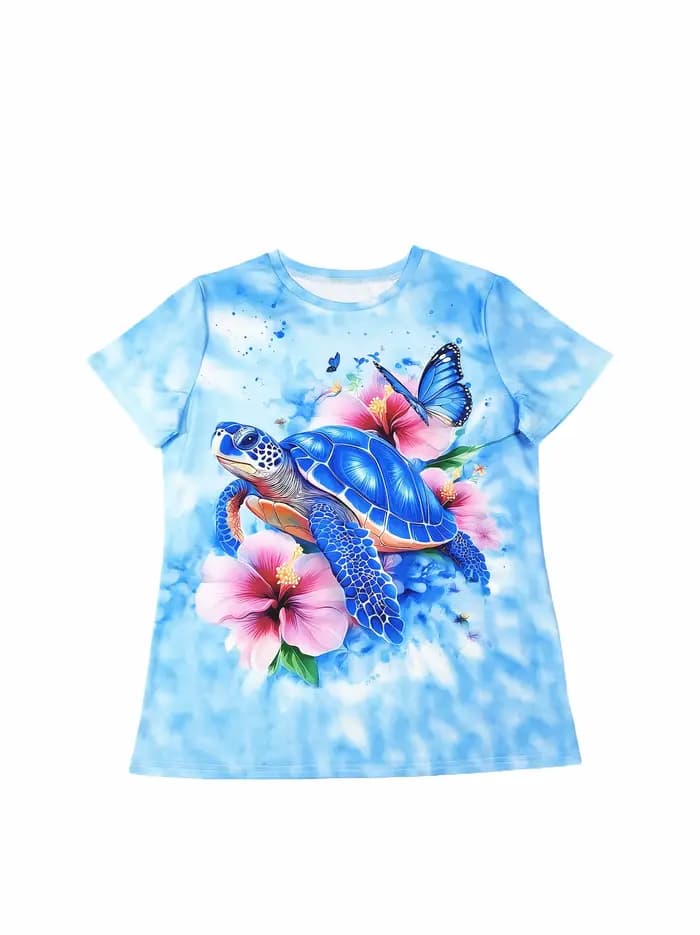 T-shirt pour femme bleu clair - Motif tortue bleue et hibiscus