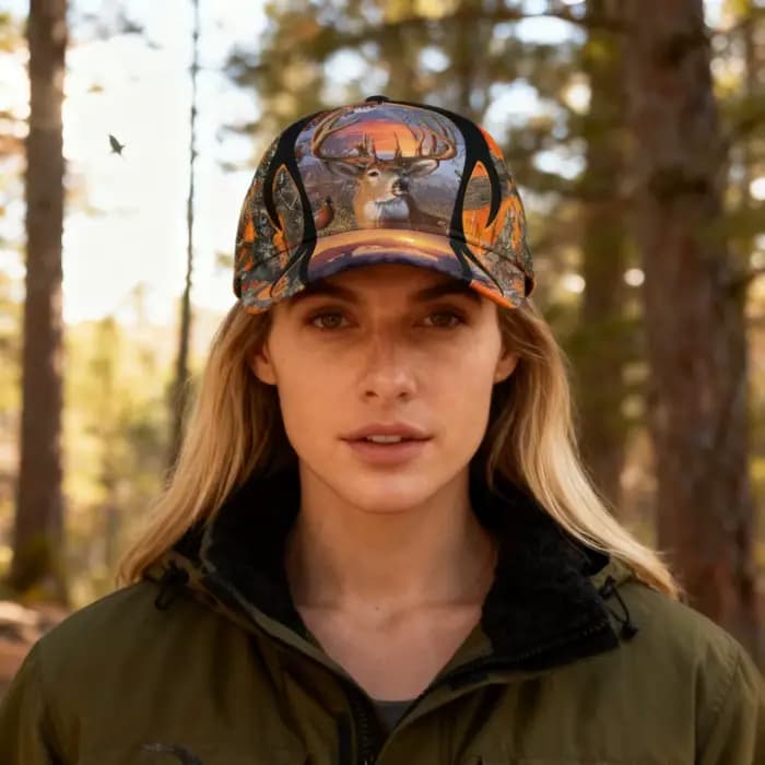 Casquette de baseball camouflage orange avec énorme cerf et coucher de soleil imprimé flammes vibrantes pour la chasse chapeau d'extérieur réglable pour hommes et femmes