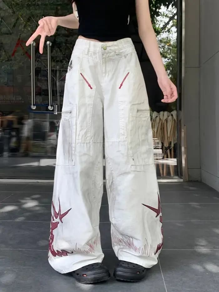 Trashy Y2K 2000S sale lavé blanc broderie Baggy empilé Cargo jean pantalon pour femmes vêtements jambe large Punk dame