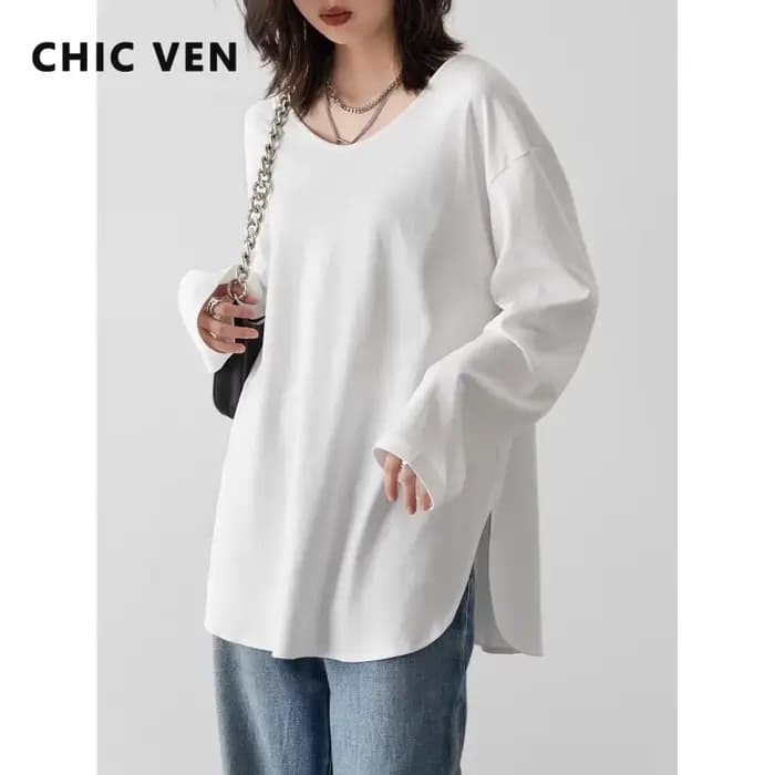 T-shirts amples décontractés à col en U et manches longues pour femmes CHIC VEN – Hauts fendus