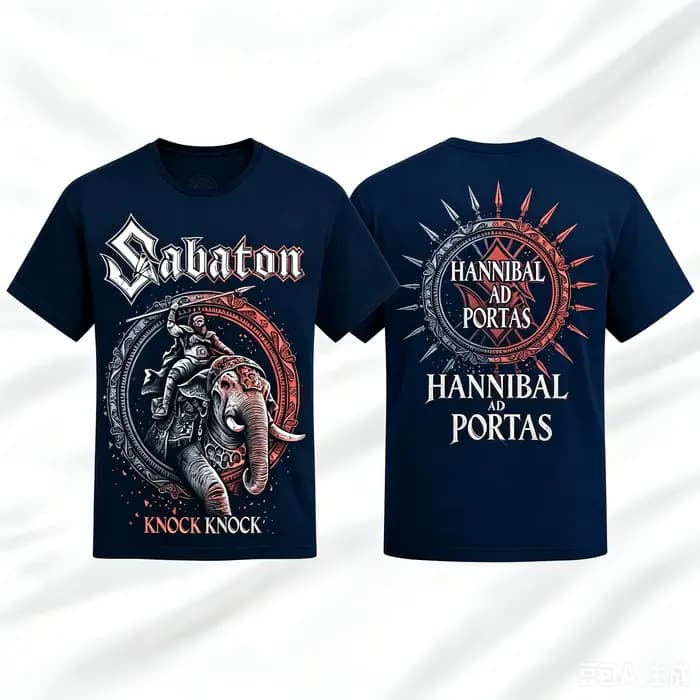 Sabaton Knock Knock Hannibal Ad Portas T-shirt double face avec image d'ensemble de groupe de Power Metal, t-shirt unisexe en coton à manches courtes
