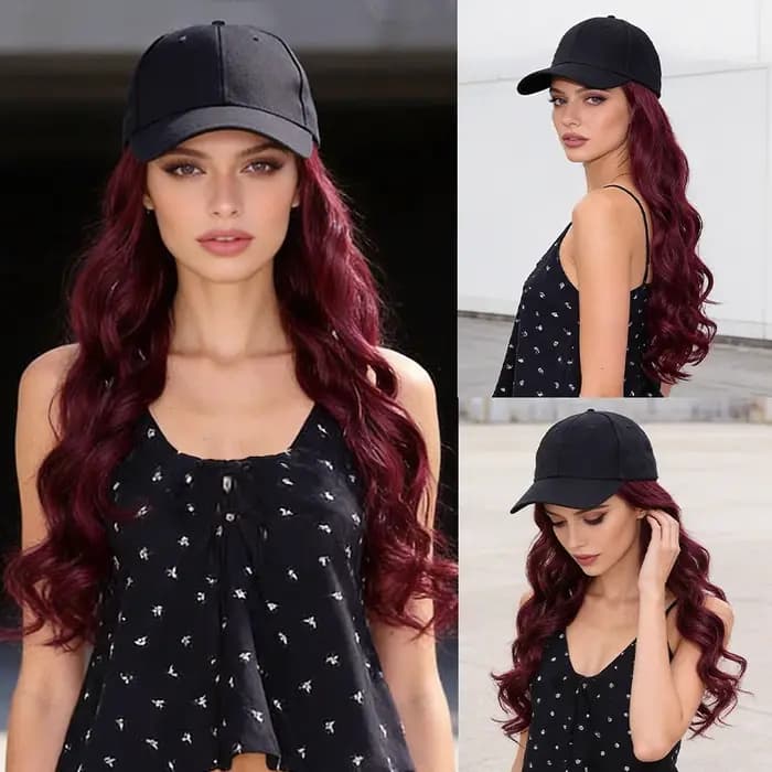 Casquette de cheveux ondulés bordeaux – Fibre synthétique, style baseball noir, glamour sans effort