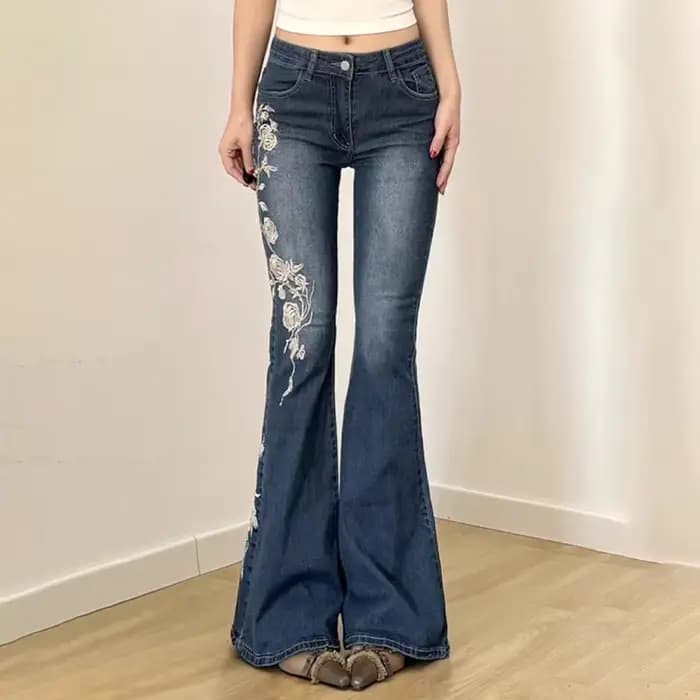 Jean Baggy rétro Y2k pour femmes, broderie florale, Vintage des années 2000, taille basse, pantalon