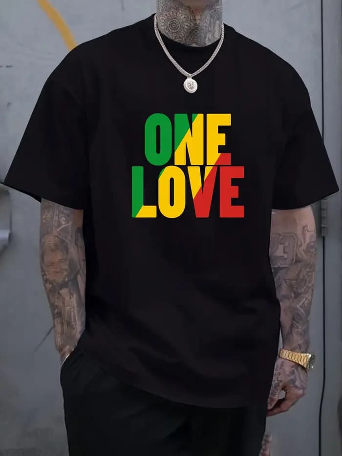 T-shirt décontracté pour homme en coton 100% à manches courtes, coupe ample, imprimé lettres ONE LOVE, thème Rasta, style jamaïcain