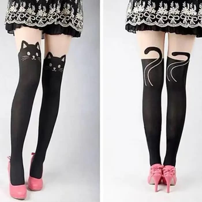 Femmes mignon chat noir imprimé soie genou chaussettes décontracté cuisse coton chaud haut