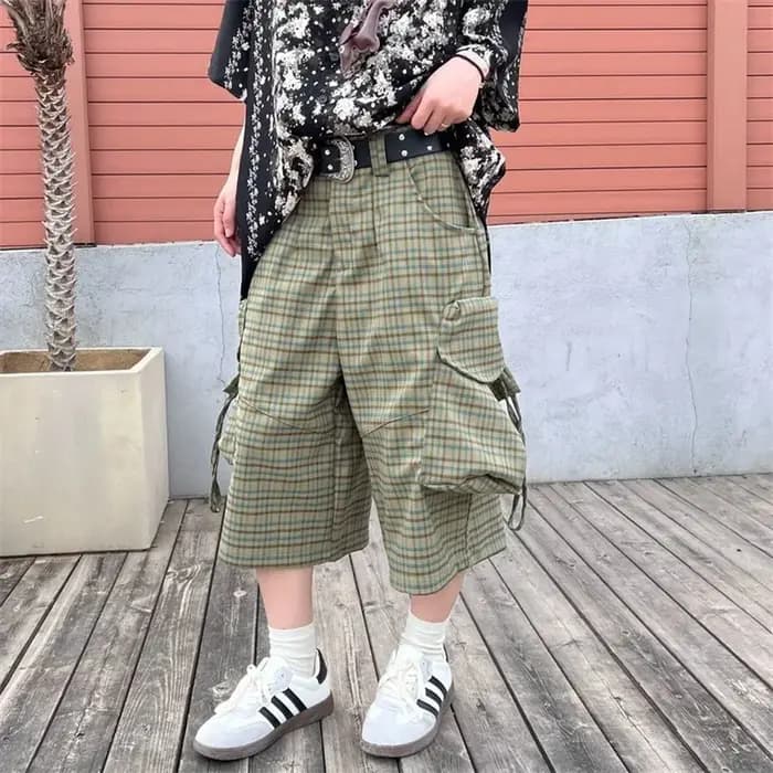 Street Plaid grande poche vêtements de travail pantacourt pour hommes femmes 2025 été nouveau Style américain ample marque à la mode pantalon à jambes larges
