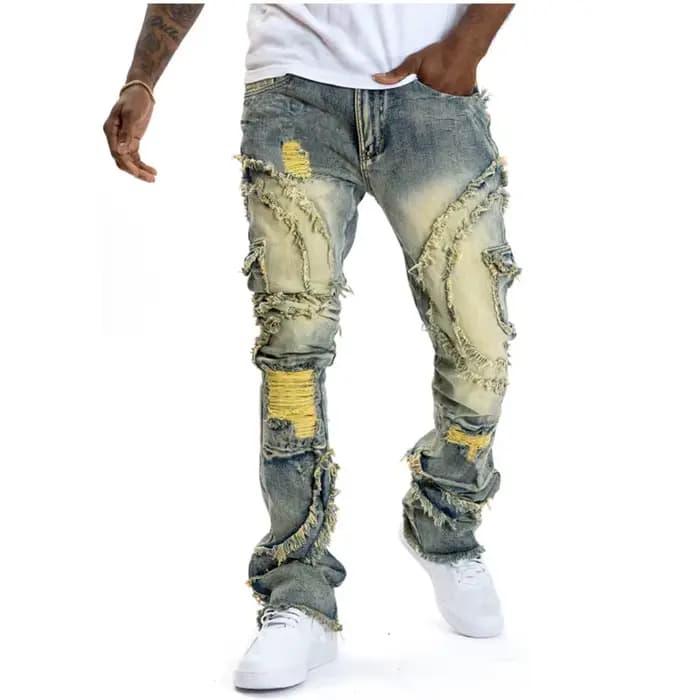 Jean déchiré empilé pour hommes, coupe Slim, jambes droites, mode Hip Hop, pantalon en Denim, Street