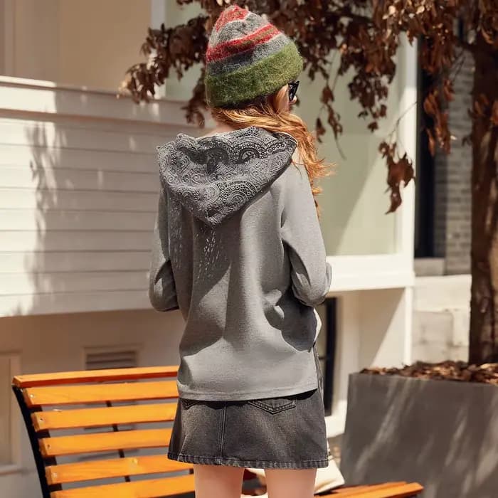 LOUIS YAO dentelle poche sweat à capuche pour femme 2025 automne femmes sweats mode Style décontracté Micro élastique