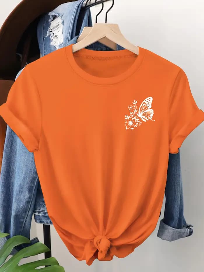 Orange vif avec papillon blanc imprimé T-shirt fille dessin animé unisexe hauts à manches courtes Streetwear femmes col rond t-shirts femme