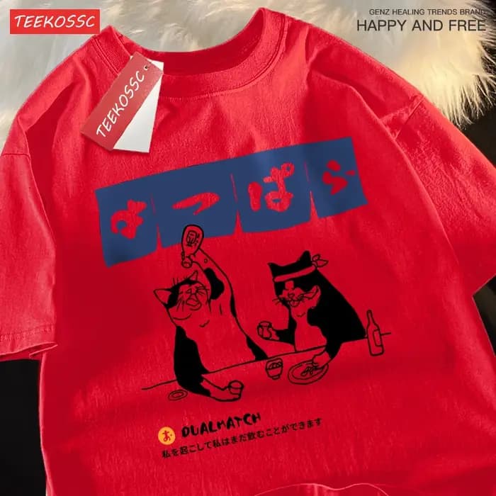 Harajuku japonais chat boire hauts hommes mode col rond T-Shirt rue été surdimensionné vêtements Hip Hop Sweat coton