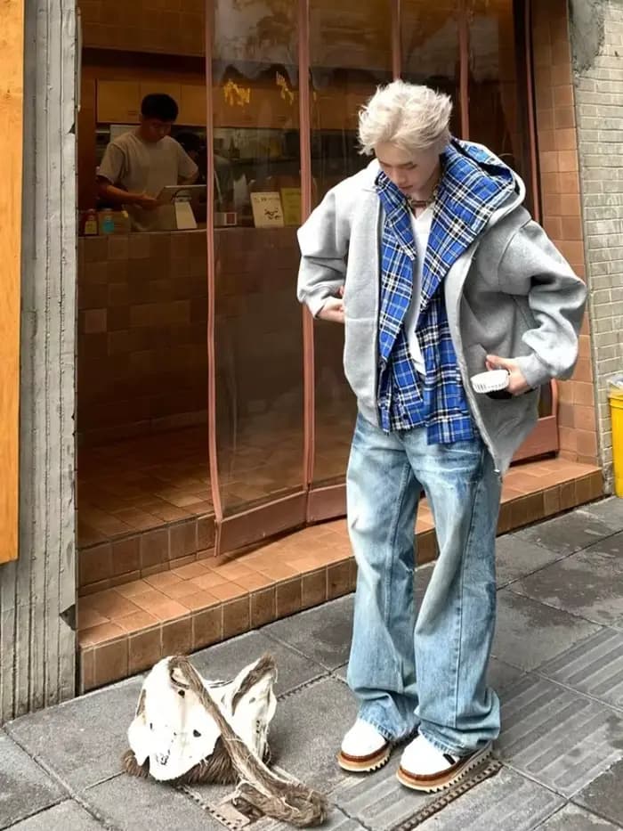 Sweat à capuche à carreaux bleus doublés des années 90