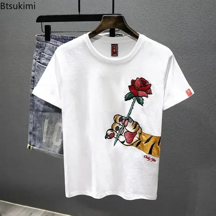 Nouveau T-shirt pour homme à manches courtes brodé de roses
