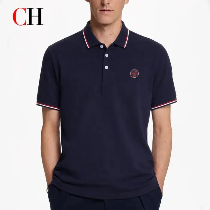 T-shirt décontracté pour homme CH, couleur unie, manches courtes, style streetwear d'été, basique, col rond, avec bordure rouge et blanche, vêtements pour homme