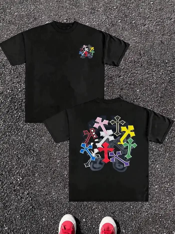 T-shirt pour homme en coton pur, impression numérique double face avec graphismes de croix colorées,