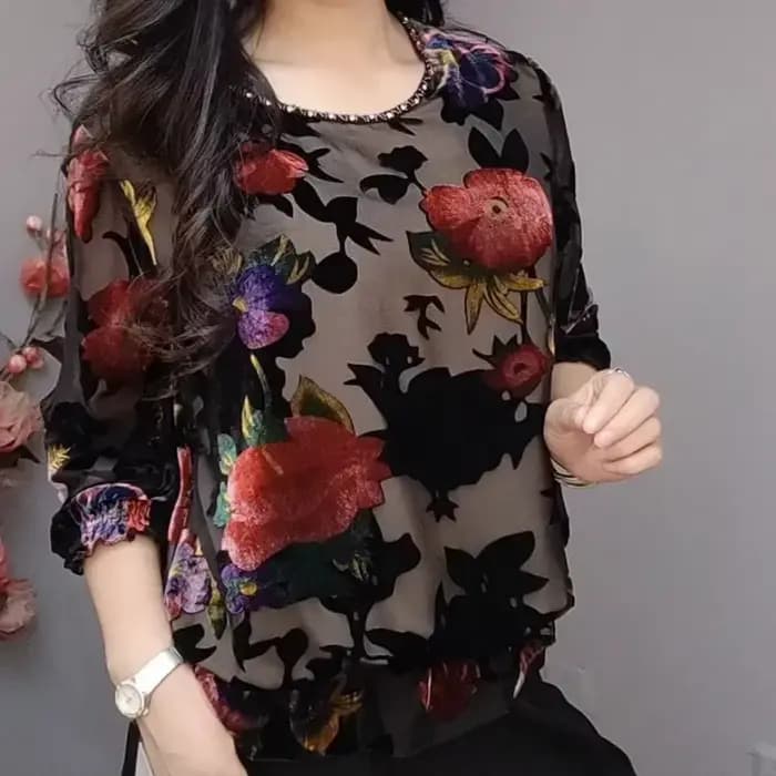 Vintage femmes doré velours T-Shirt printemps automne femme vêtements hauts col rond mode ample à manches longues décontracté t-shirts floraux D132